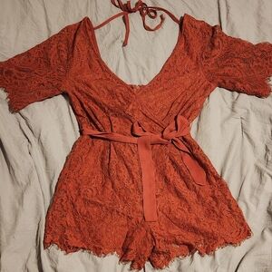 Elegant Lace Romper in‎ Rust Red